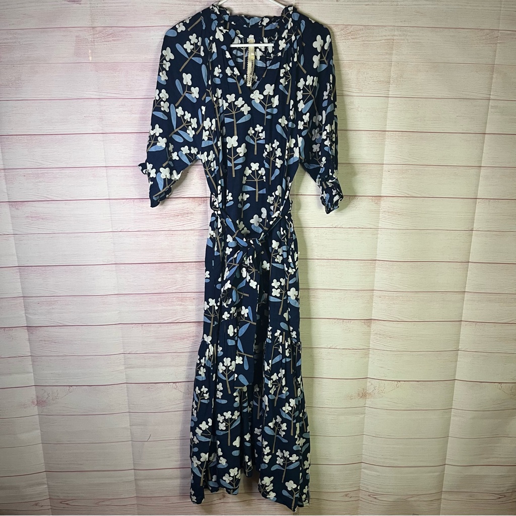 Uncle Frank Navy Blue Floral V Neck Tie Waist Pocket Dress Size Large